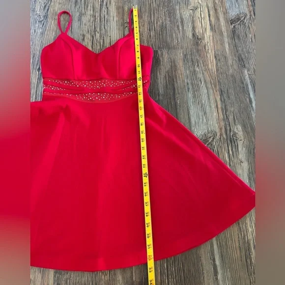 City Triangles Fit & Flare Mini Formal Party Dress Womens Jrs M Red Mesh Waist - Picture 3 of 11